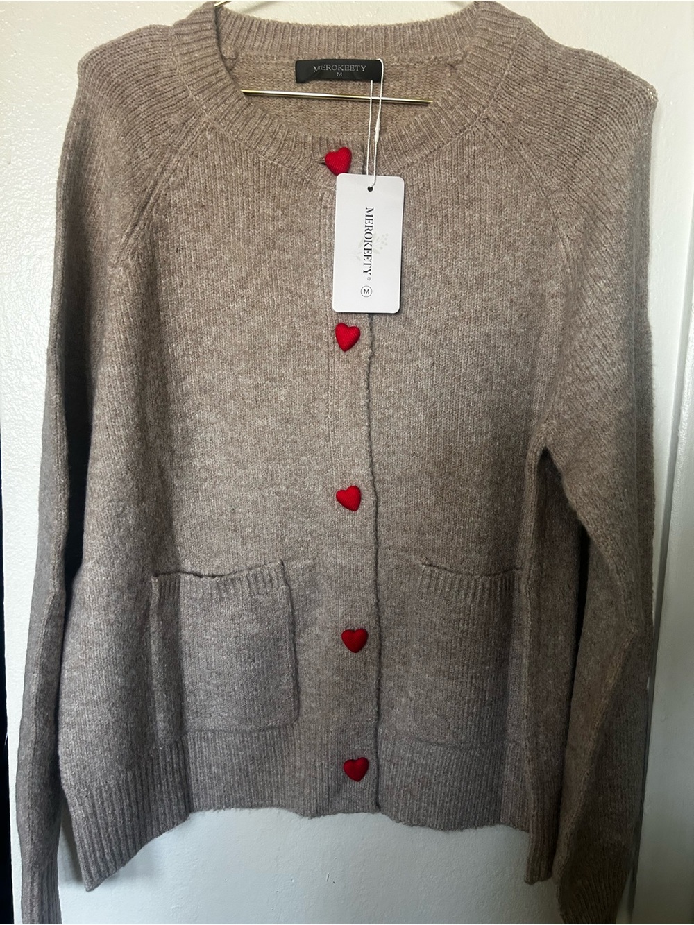 Mirokerry Taupe Crewneck Cardigan with Red Heart Buttons